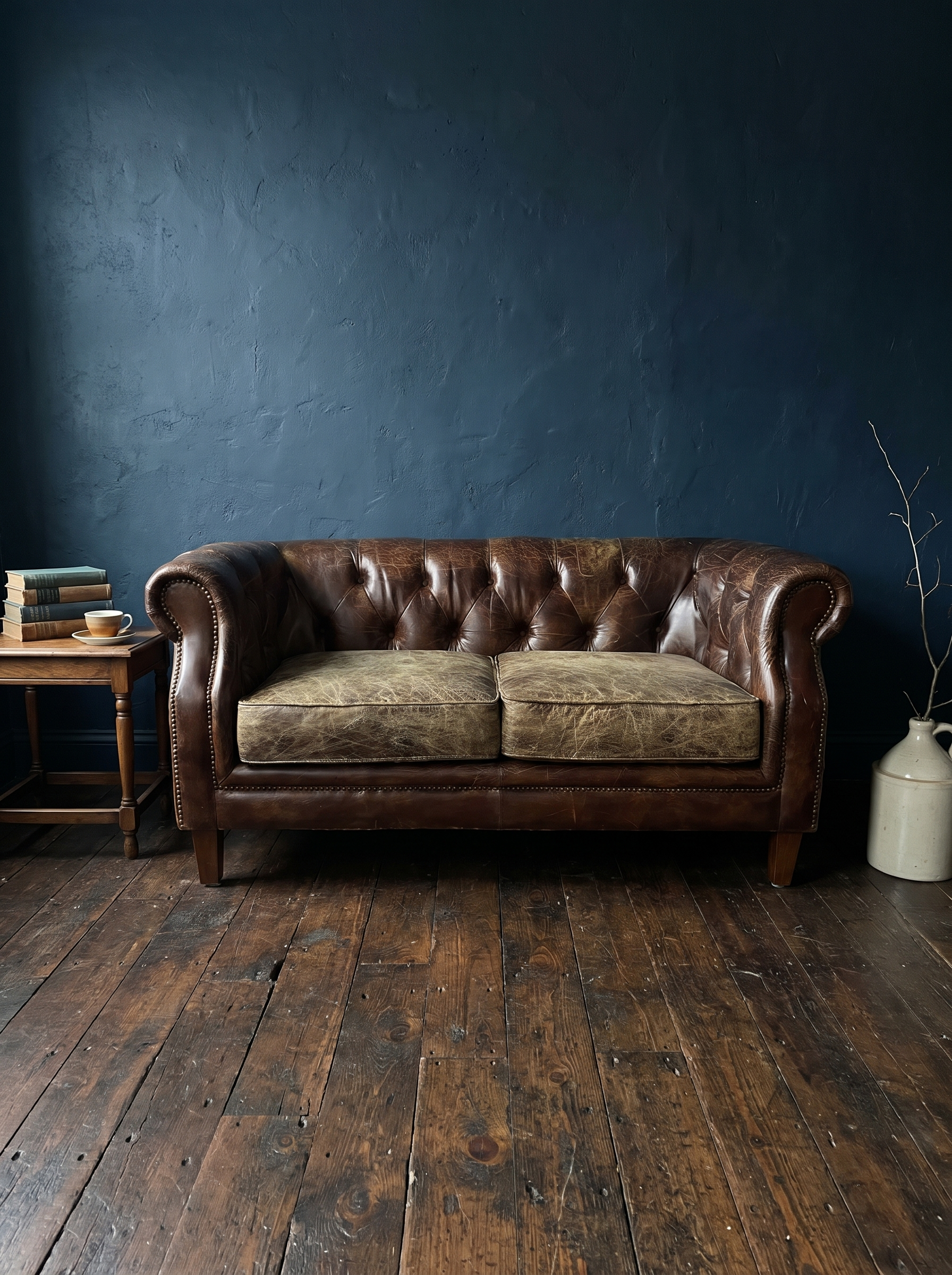 Leather chesterfield loveseat against a midnight blue plaster wall with a side table, books and tea