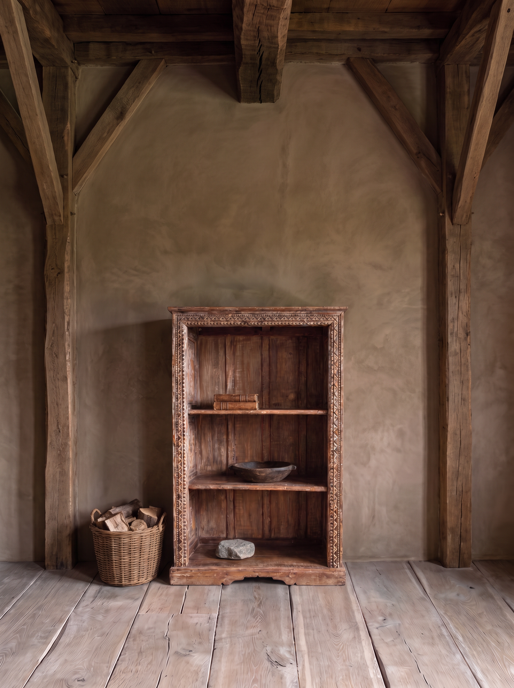 The bookcase in a tall barn holding a carved wooden bowl, old leather books and a stone, beside a basket of logs.