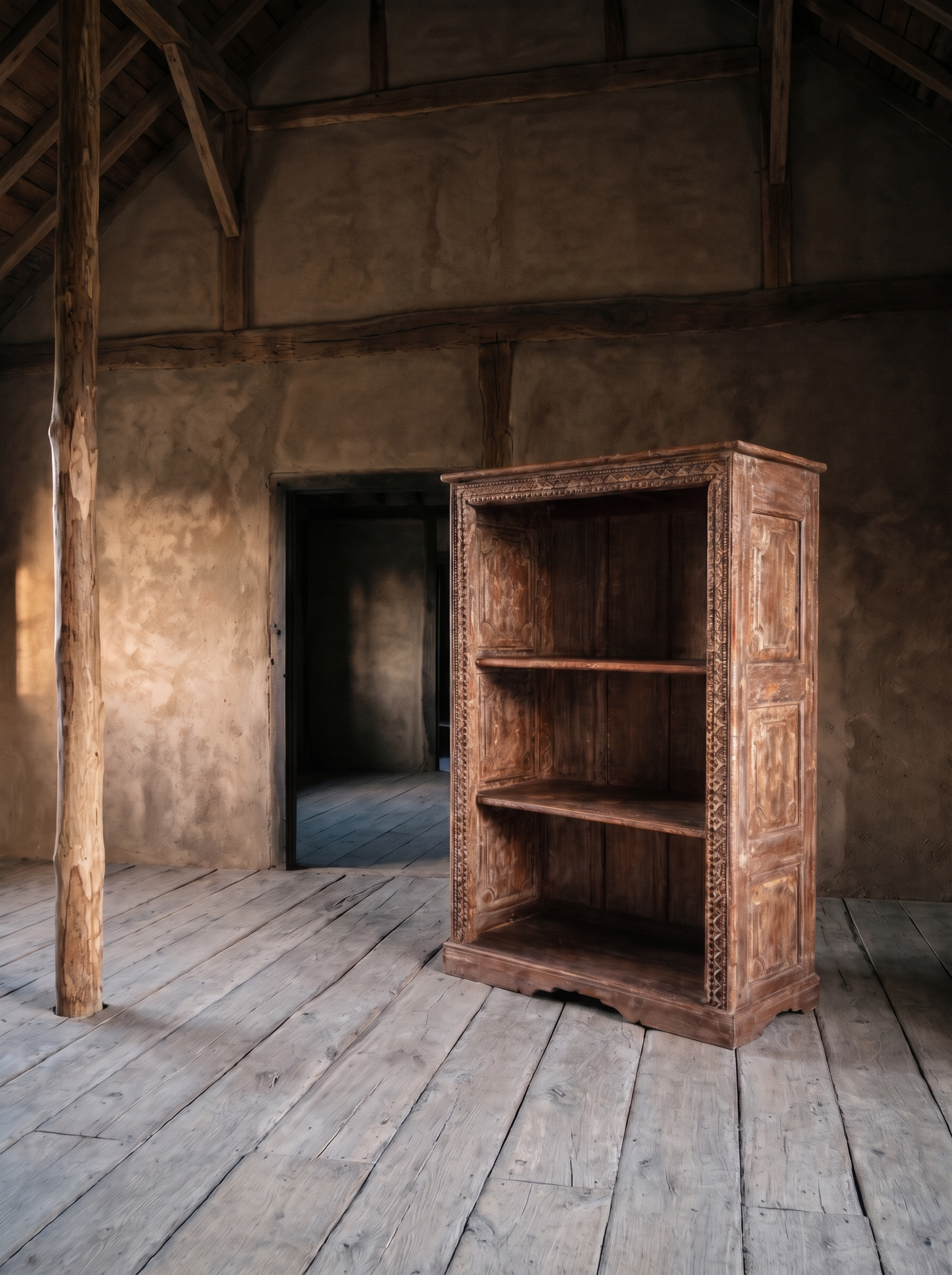 The bookcase in a tall old barn with clay plaster walls, high timber beams and grey plank floors.