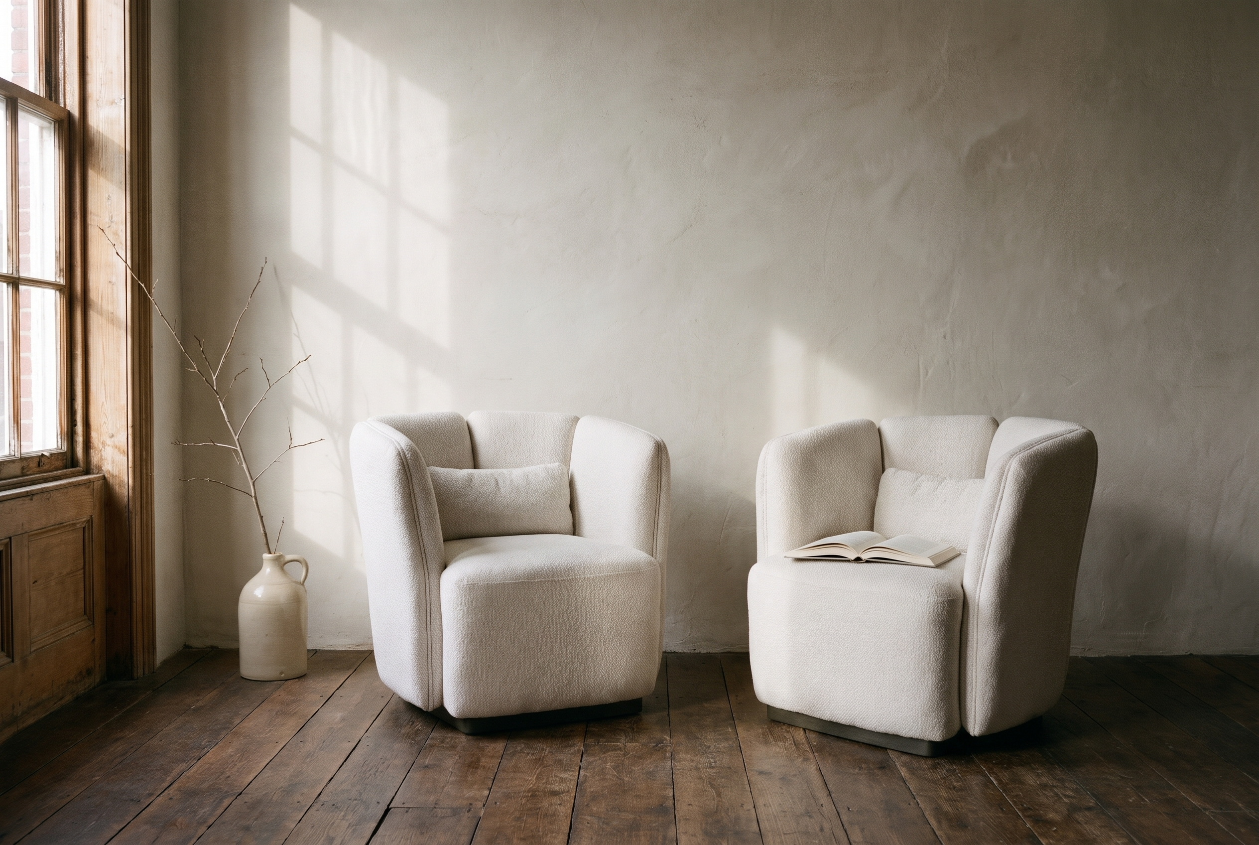 White armchairs in soft morning window light with a bare branch in a stoneware jug