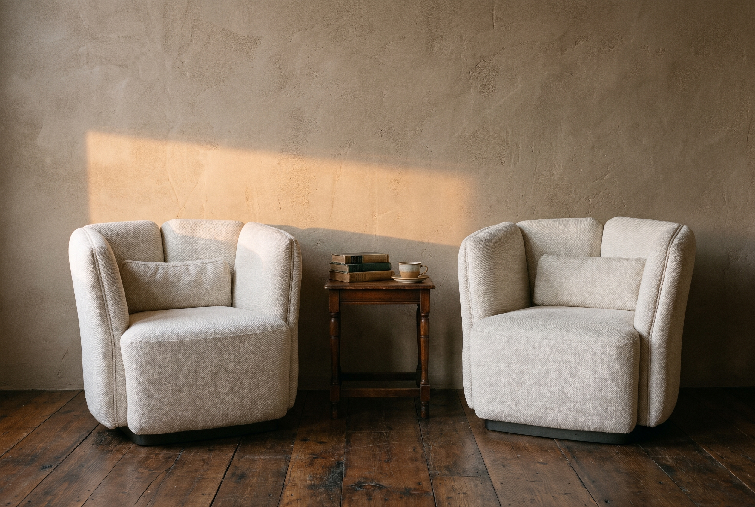 Pair of white armchairs with an antique side table, old books and a cup of tea in late afternoon light