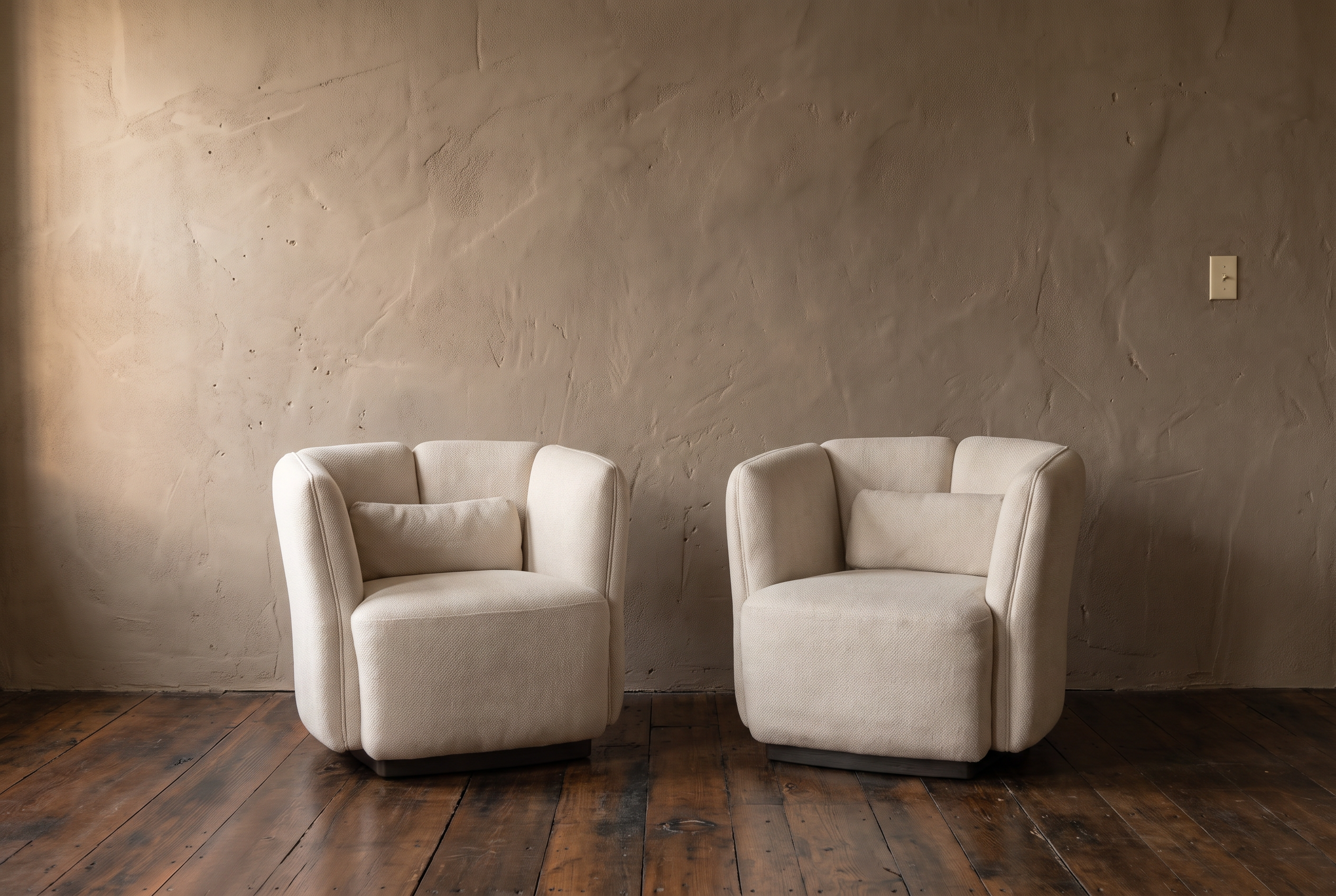 Two white Italian armchairs in a quiet plaster room with a light switch for scale
