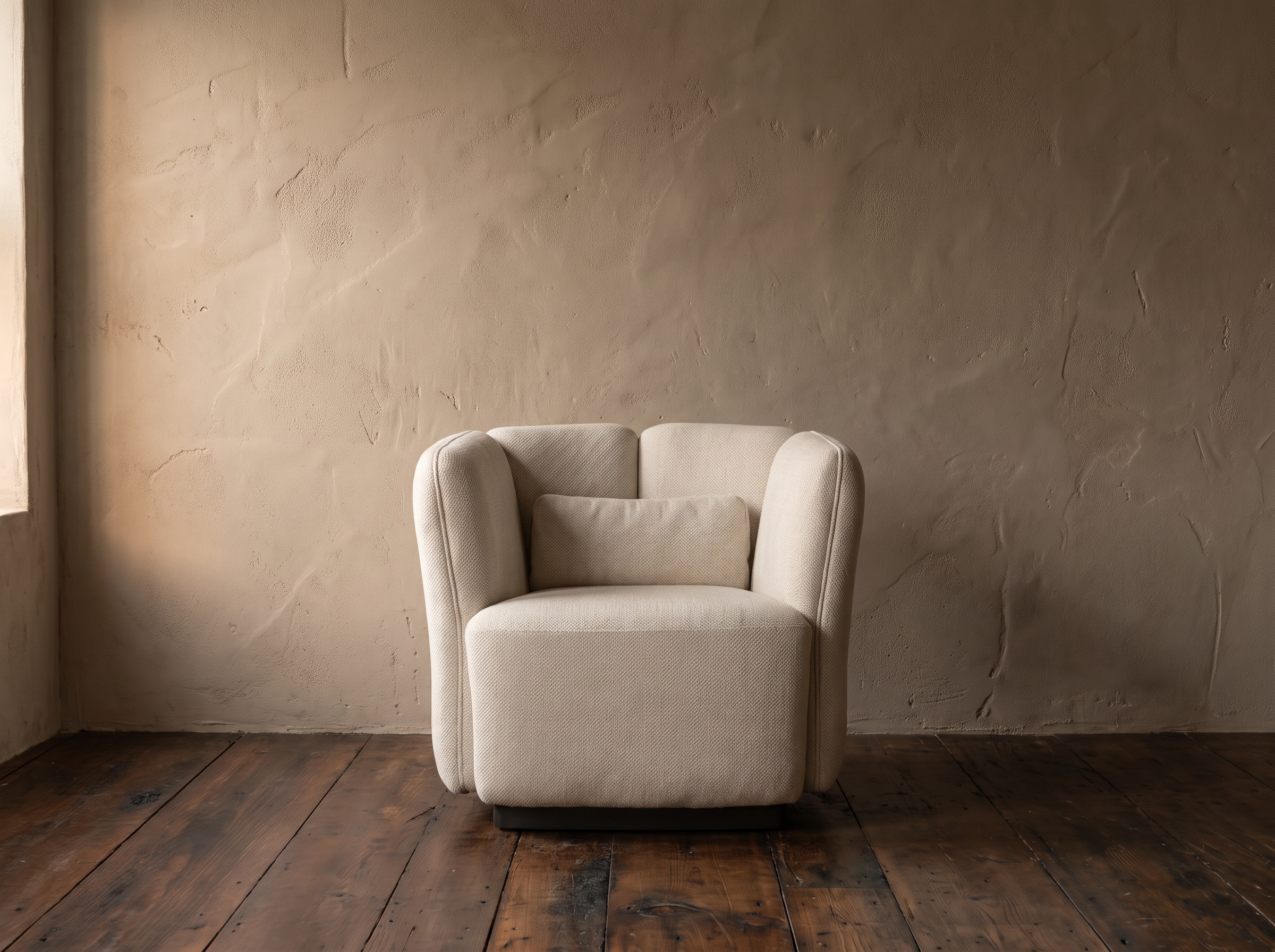 Single white Ford armchair front view showing the three-part petal back and lumbar cushion