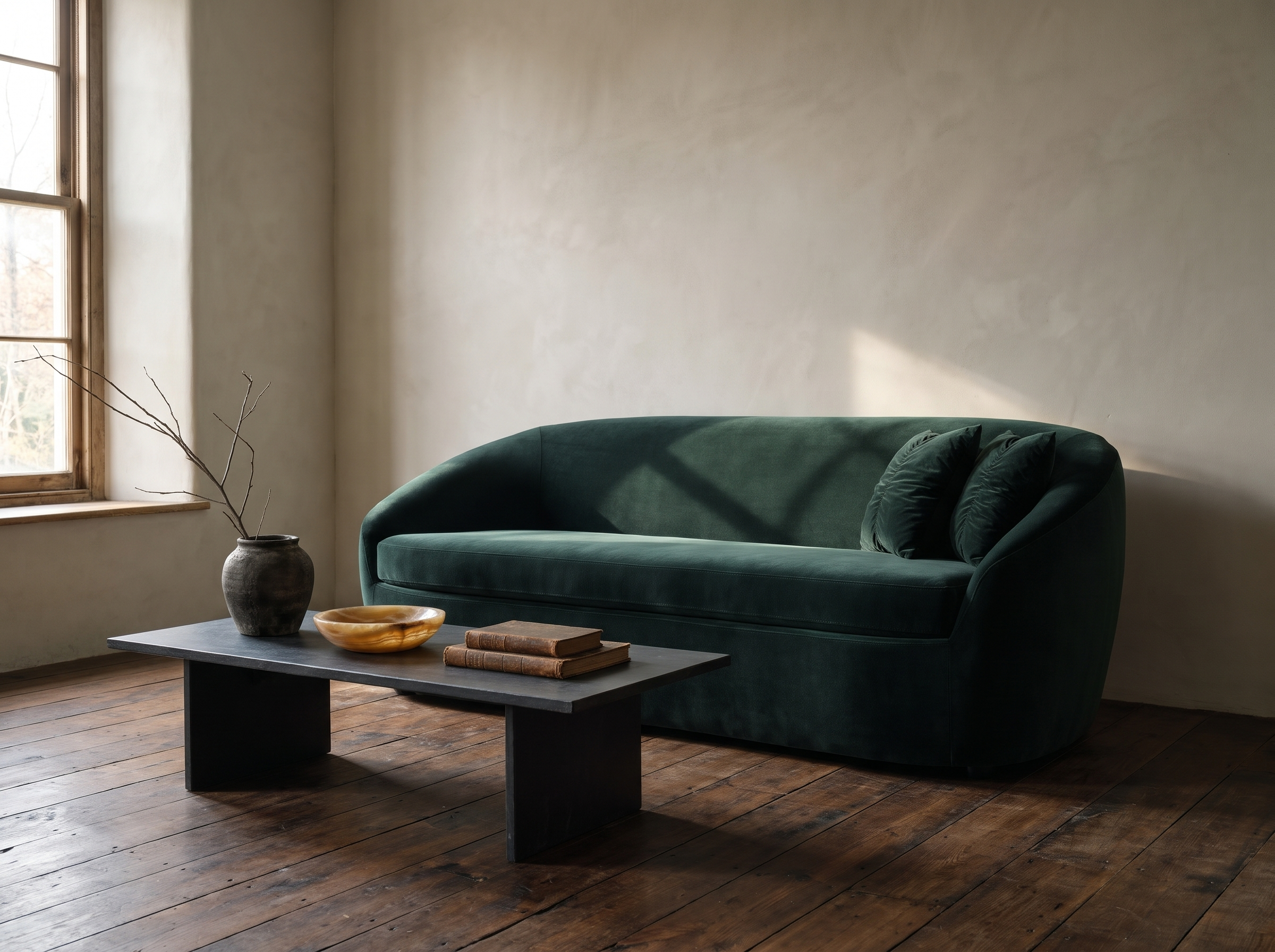 Green velvet tub sofa by a tall old window with a slate coffee table, onyx bowl, leather books and a branch in a pot