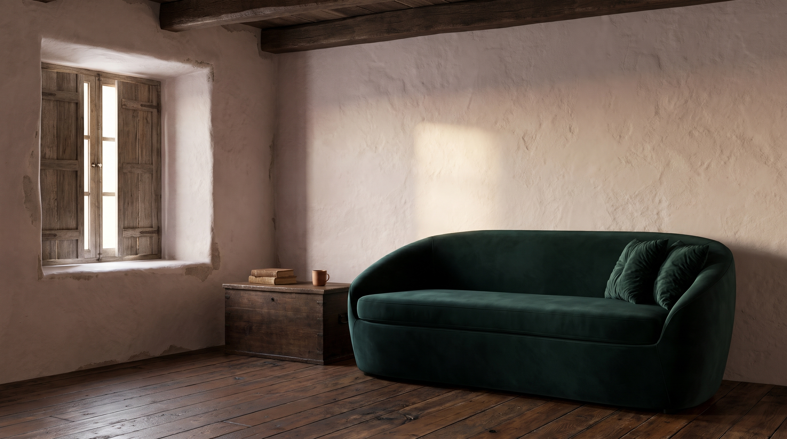 Long green velvet curved sofa in an old farmhouse room with a shuttered window, beams and a wooden chest