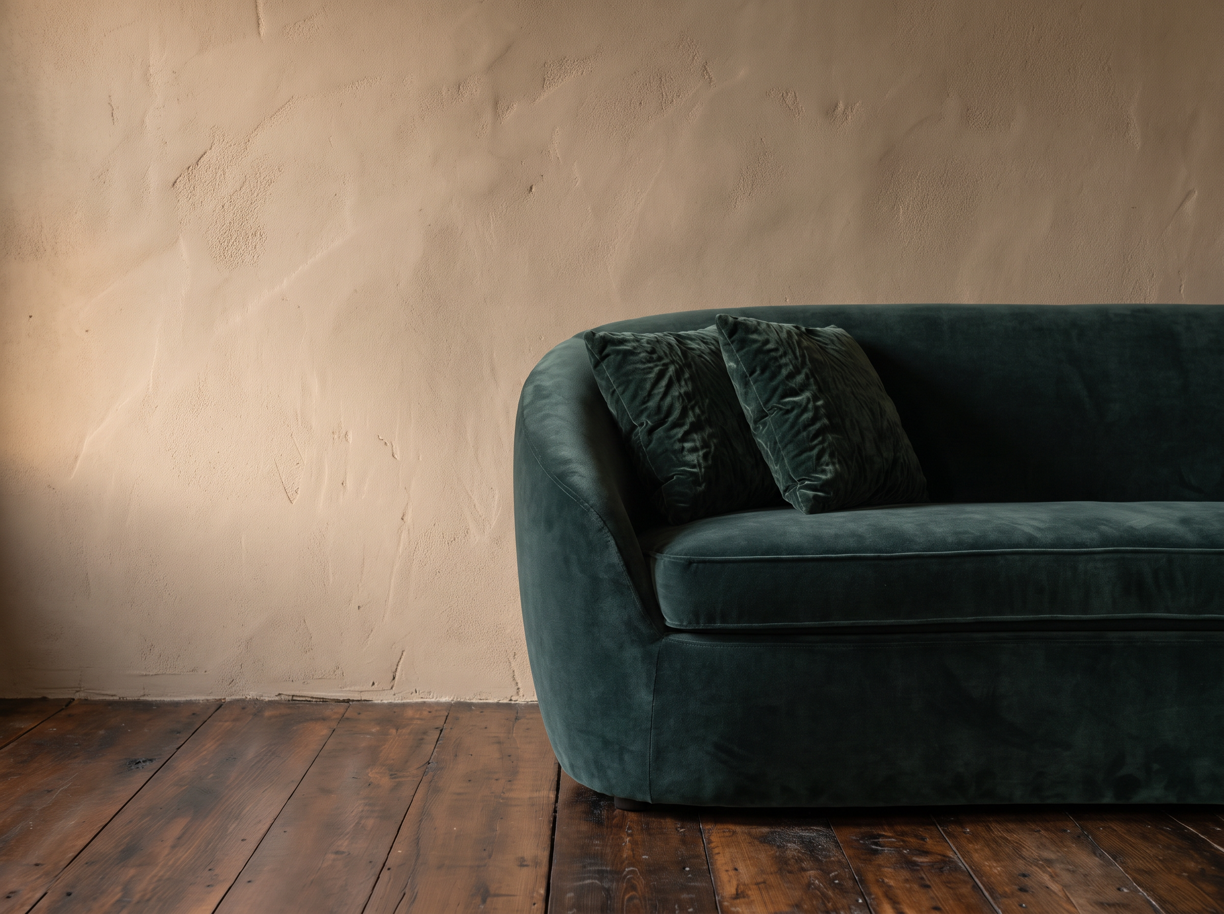 Close-up of the rounded arm and two ruched green velvet pillows on a curved sofa
