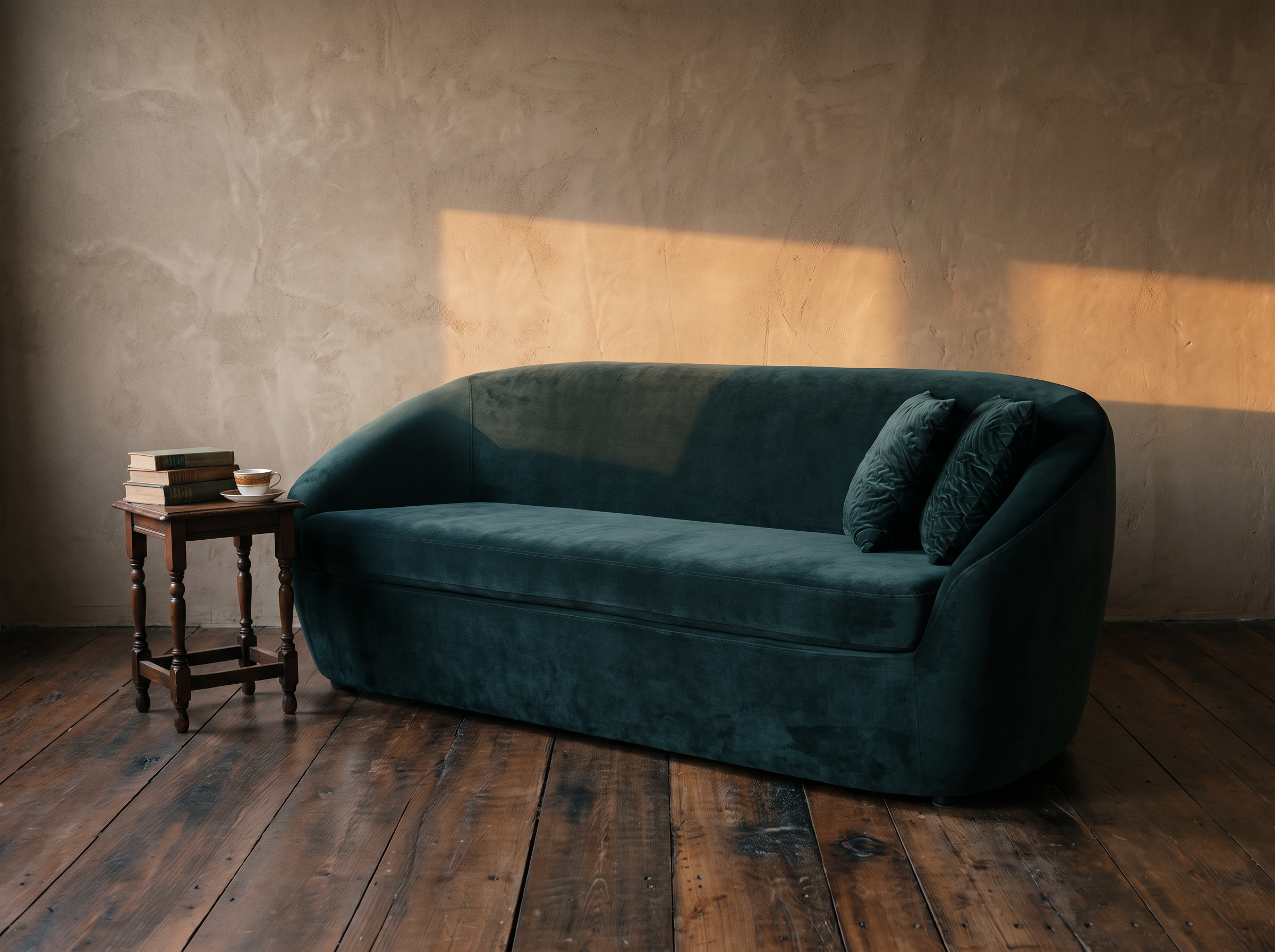 Green velvet curved sofa beside an antique side table with old books and tea, late sun across a plaster wall