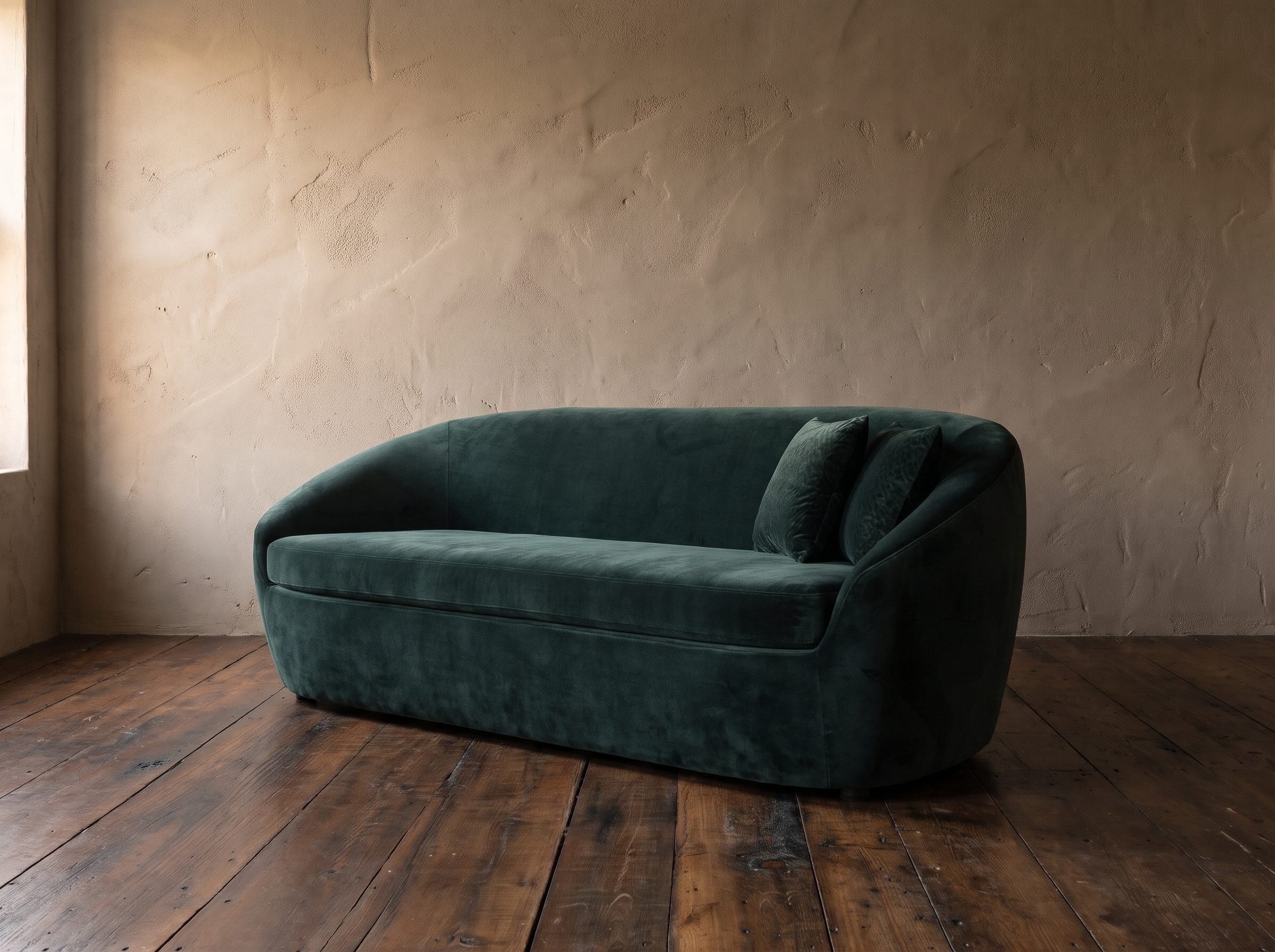 Three-quarter view of a green velvet tub sofa showing its wraparound curved back and upholstered base