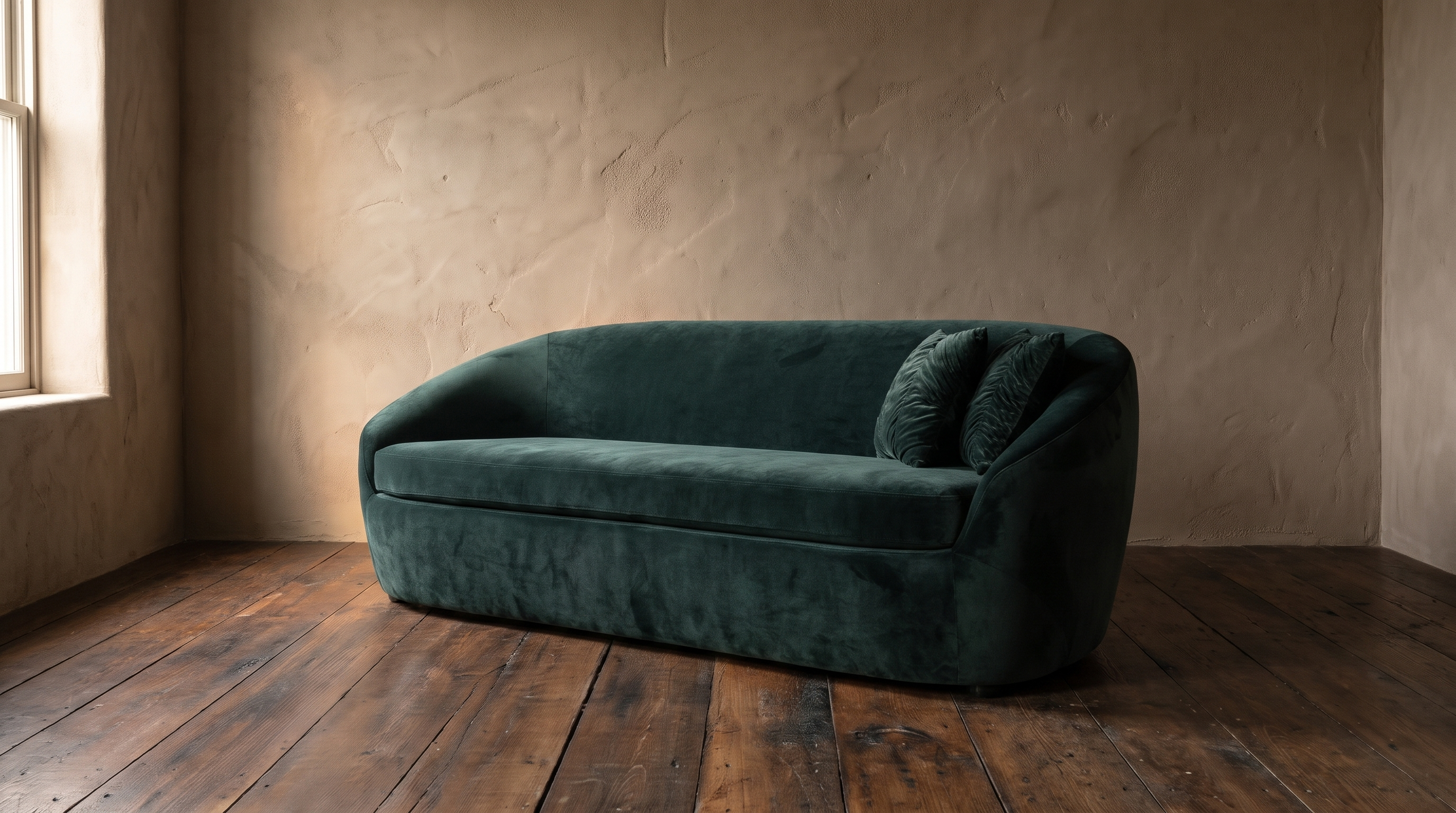 Deep green velvet curved tub sofa at a three-quarter angle against a rough taupe plaster wall on dark reclaimed wood floor