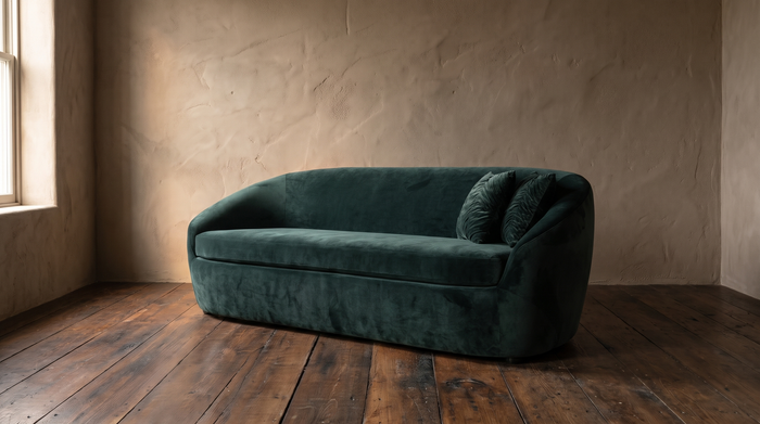 Deep green velvet curved tub sofa at a three-quarter angle against a rough taupe plaster wall on dark reclaimed wood floor