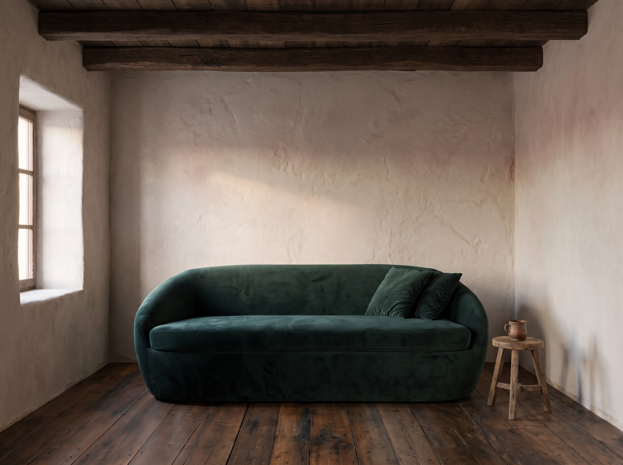 Front view of a green velvet curved sofa under dark timber beams with a small wooden stool and clay cup
