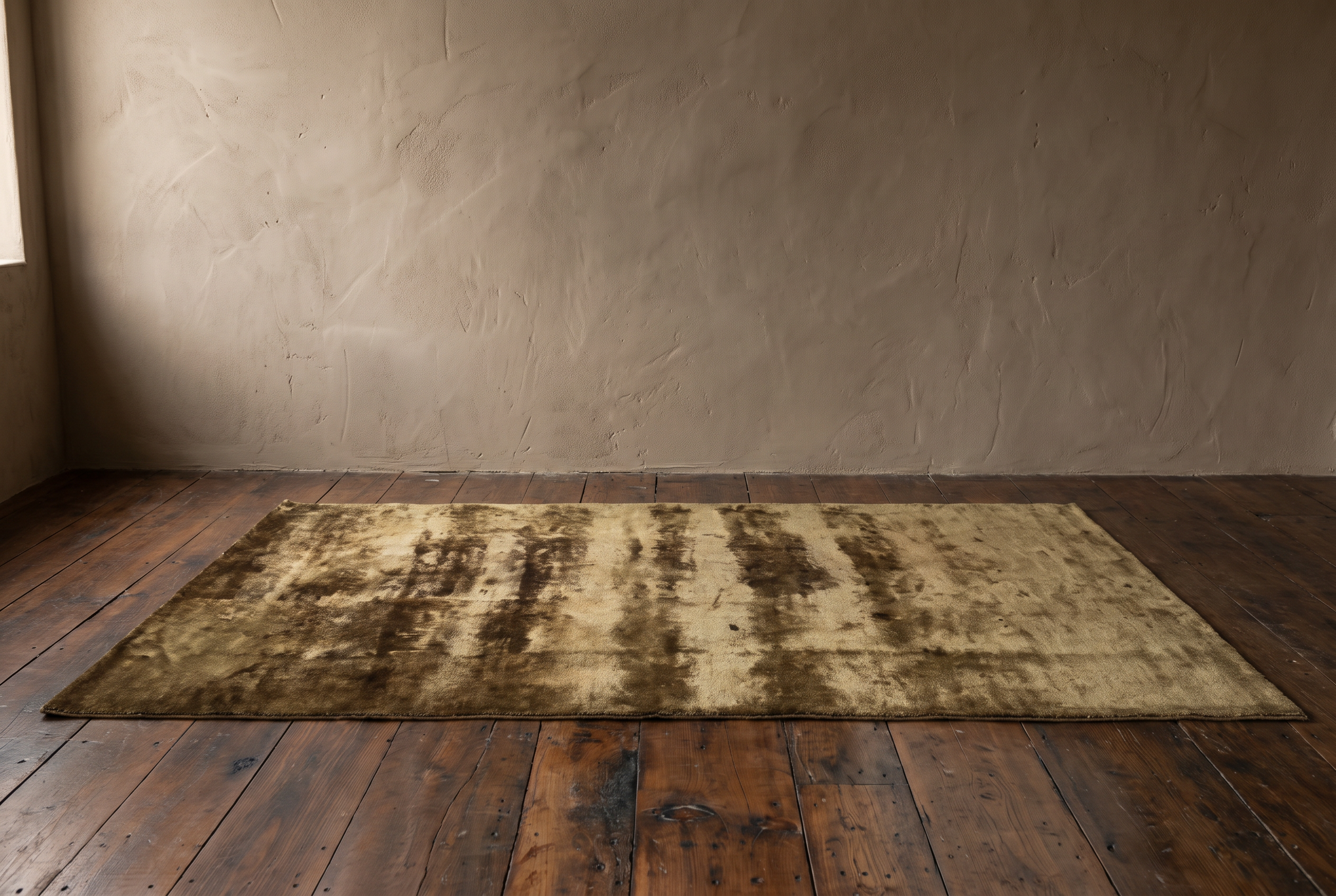 Wide room shot of the 59 by 96 inch abstract olive brown rug in front of a lime plaster wall