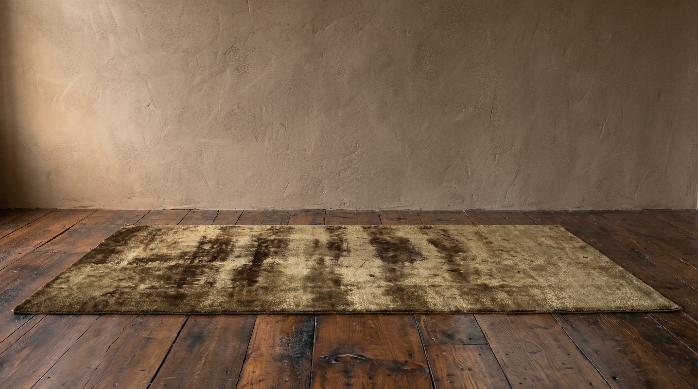 Low view along the length of the olive umber abstract rug showing its silken sheen