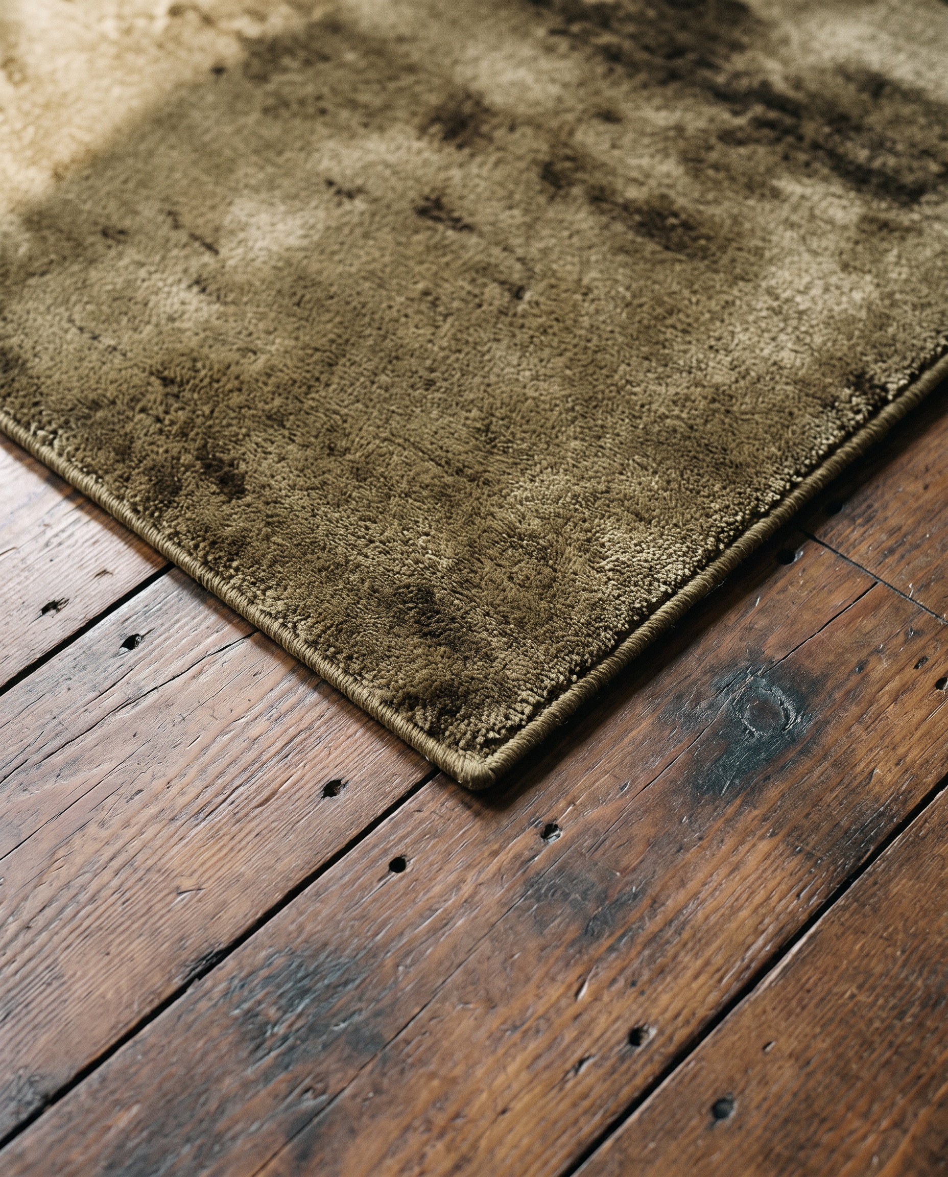 Corner detail of the abstract olive rug showing its plain bound edge on reclaimed wood floor