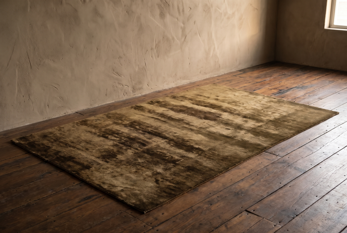 Ralph Lauren olive and umber abstract silken pile rug on dark reclaimed wood floor in a taupe plaster room