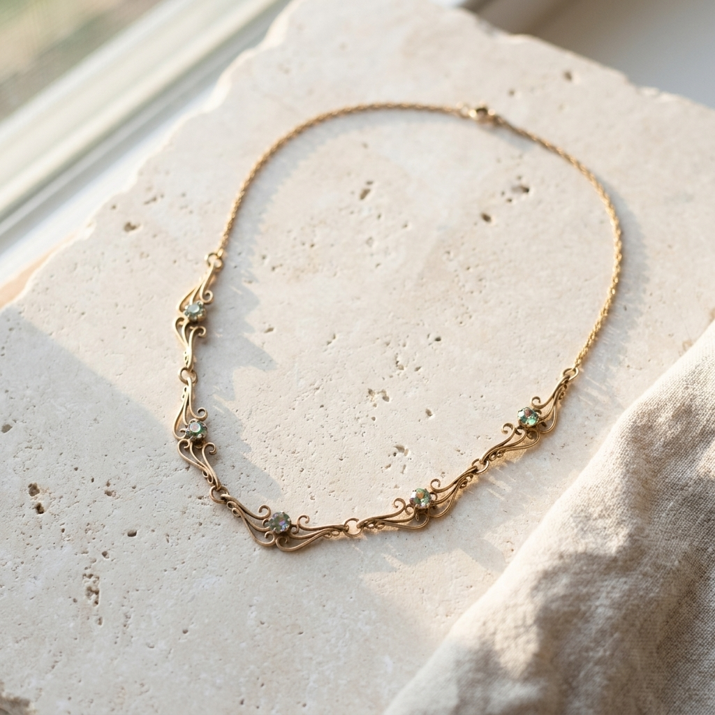 Gold Art Nouveau scrolled necklace with five small faceted stones, laid flat on pale stone