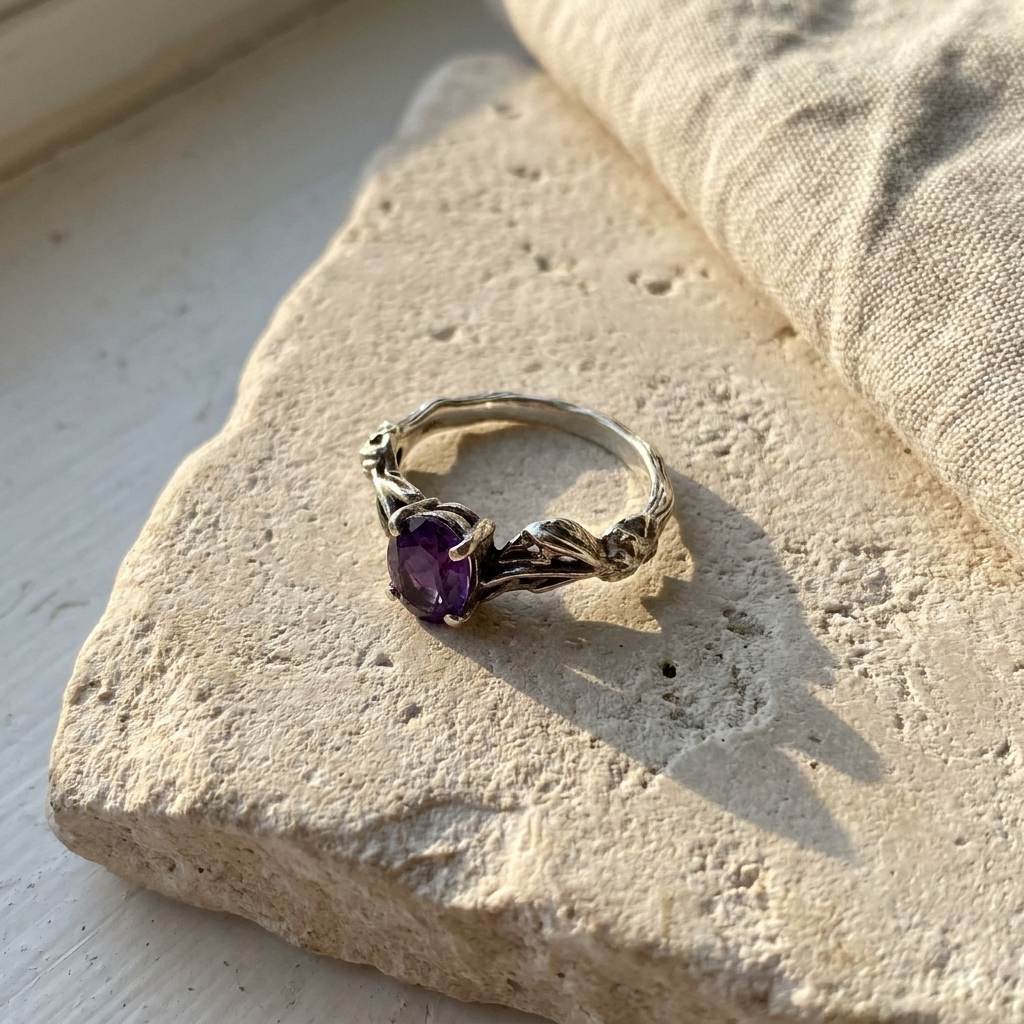 Sterling silver vine ring set with an oval amethyst, laid flat on pale stone