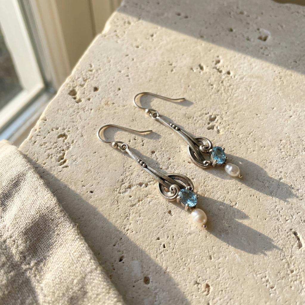 Sterling silver drop earrings with blue topaz and baroque pearls, laid flat on pale stone