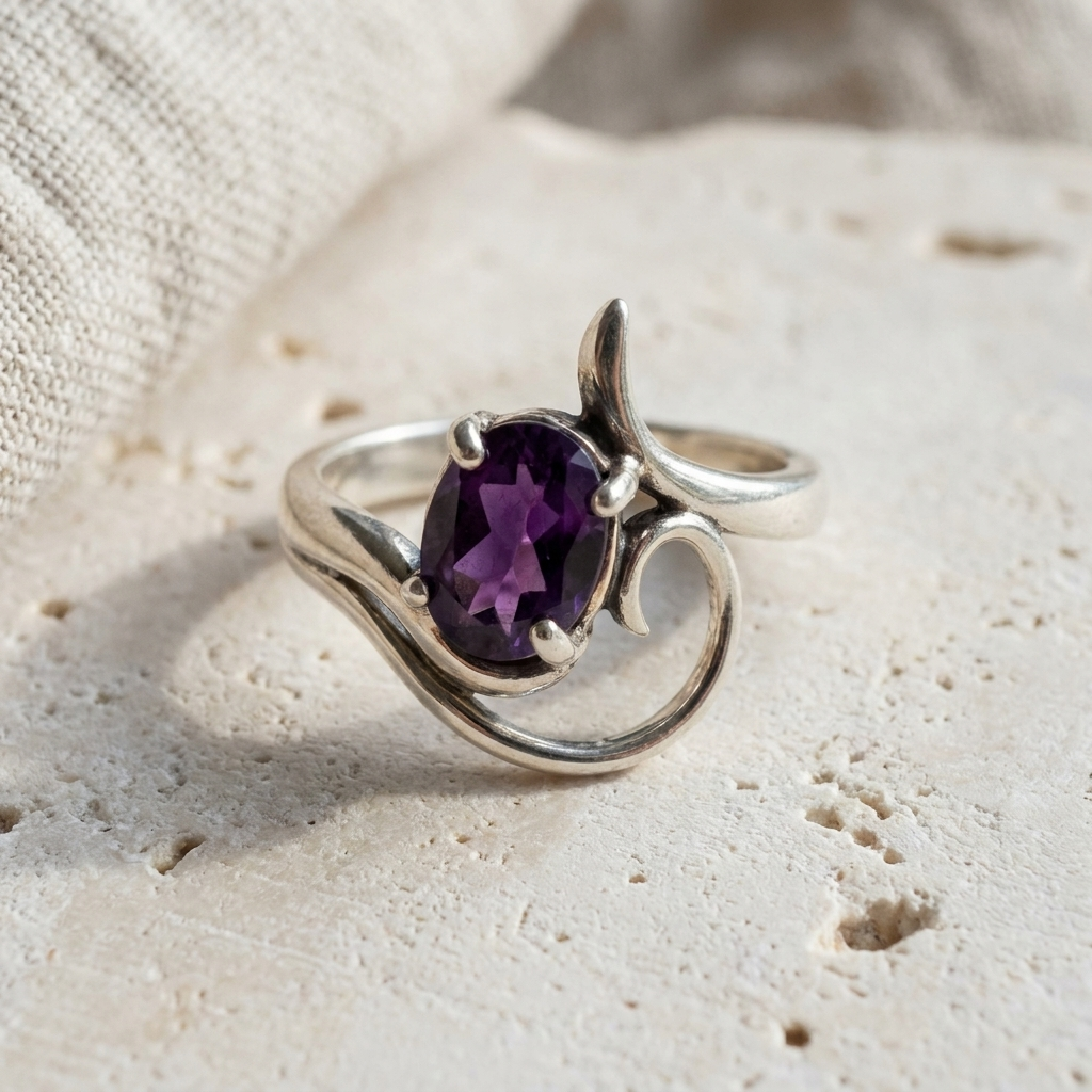 Sterling silver Art Nouveau ring with an oval amethyst, a tapering spire and an open curved loop