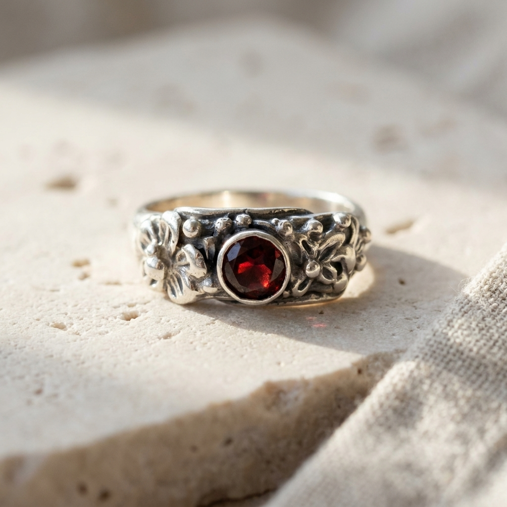 Wide sterling silver band with dense floral relief and a small bezel set garnet