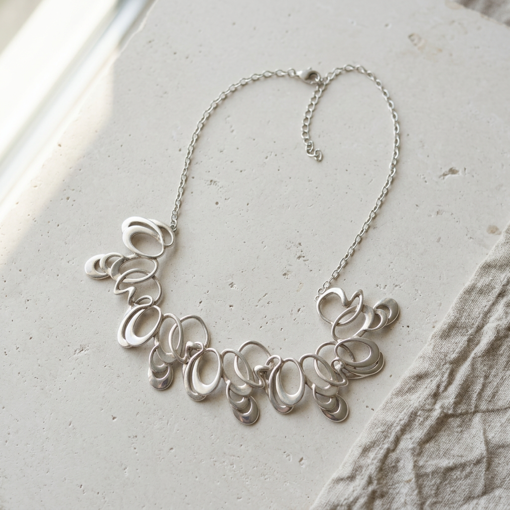 Sterling silver statement necklace of many overlapping open loops, laid flat on pale stone