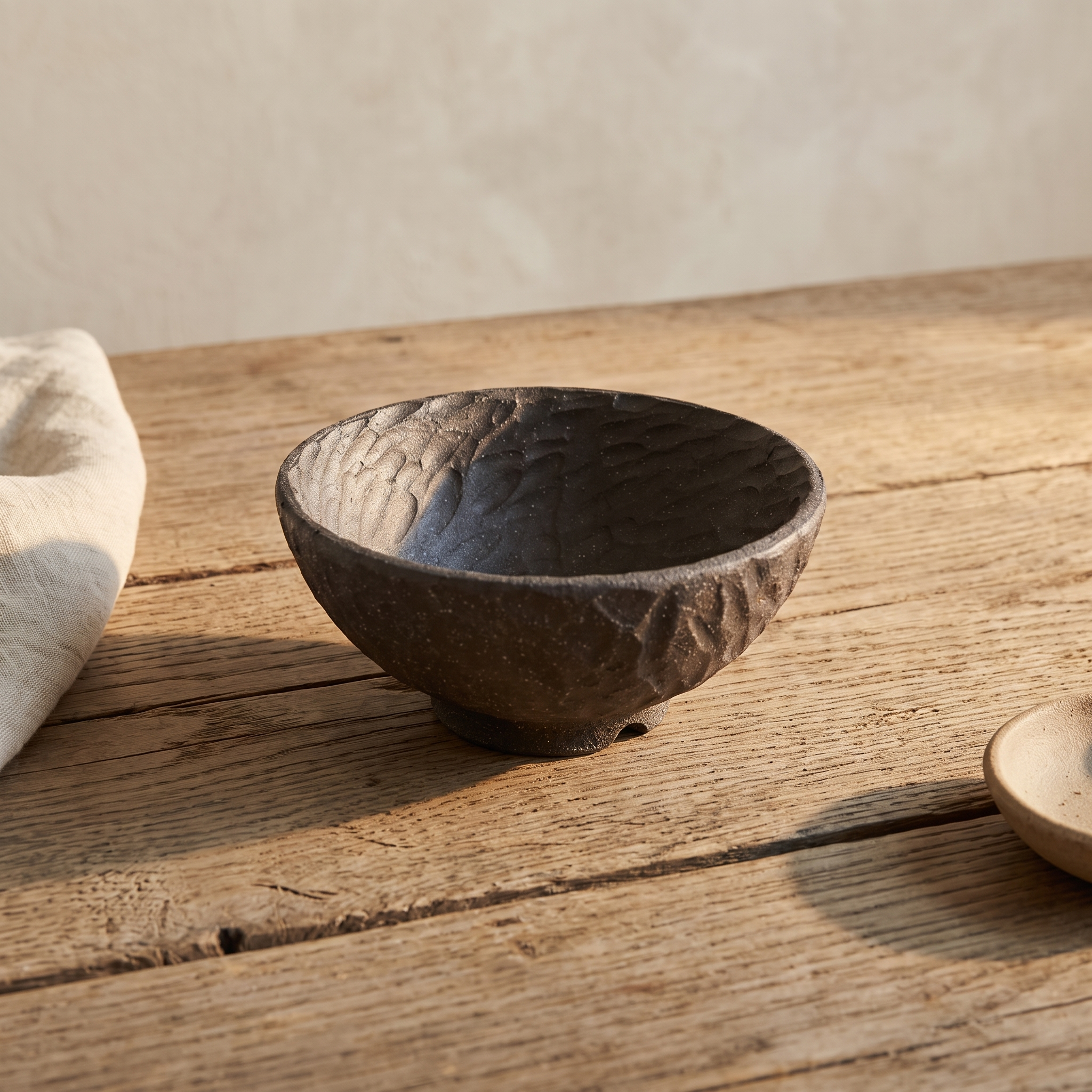 Large grey hand carved ceramic bowl on a weathered wood table in soft daylight