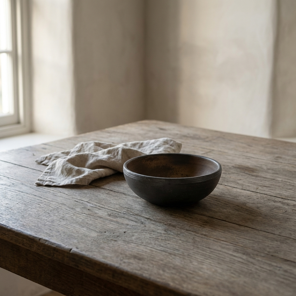 Dark charcoal hand thrown ceramic bowl with a bronze interior on a weathered wood table