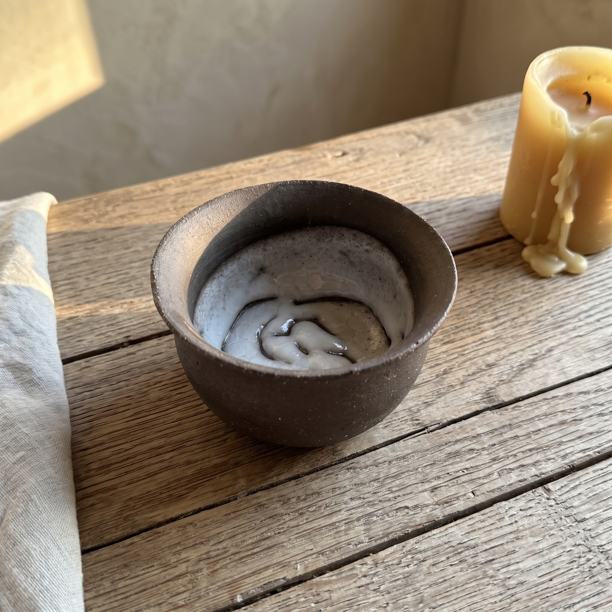 Cream hand thrown ceramic pour bowl with a pulled spout on a weathered wood table