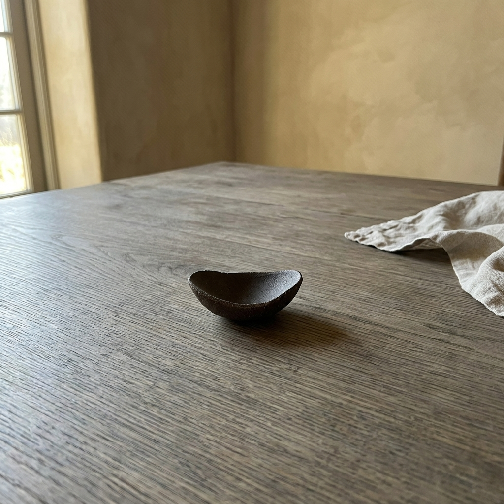Small dark bronze hand thrown oval ceramic dish on a weathered wood table in soft daylight