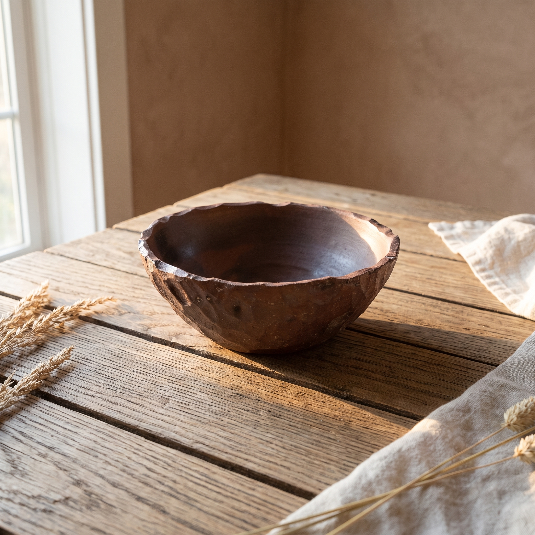 Terracotta hand thrown ceramic bowl with a torn uneven rim on a weathered wood table