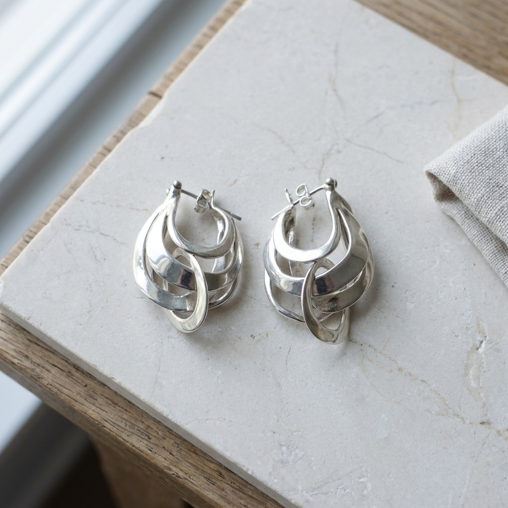 Chunky layered sterling silver twist hoop earrings lying flat on pale limestone