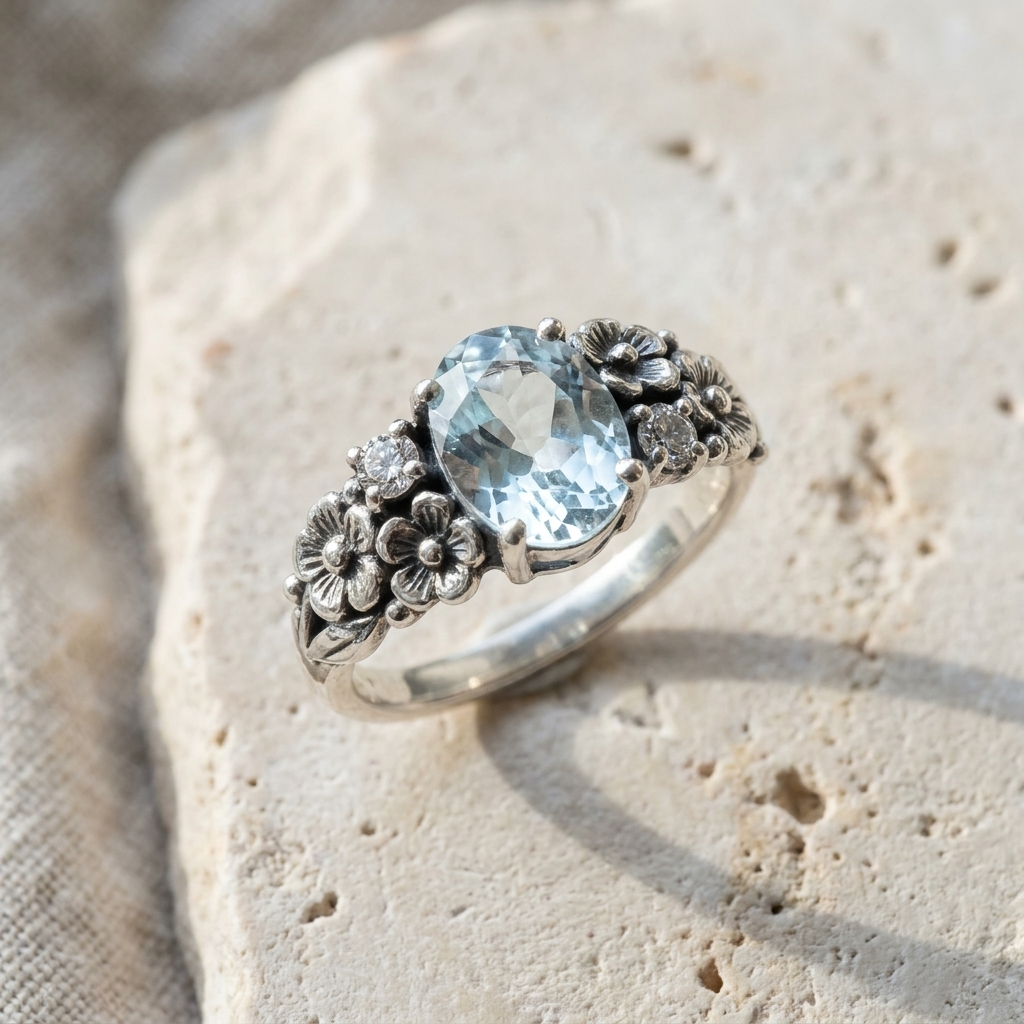 Sterling silver ring with a large pale aqua oval stone and floral worked shoulders