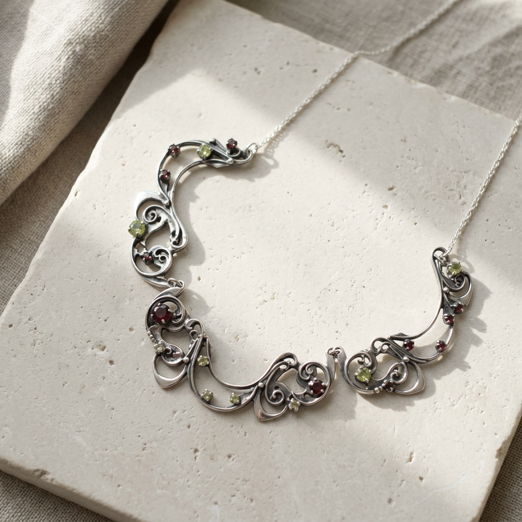 Art Nouveau oxidised sterling silver scroll collar set with garnets and peridots, laid flat on pale stone