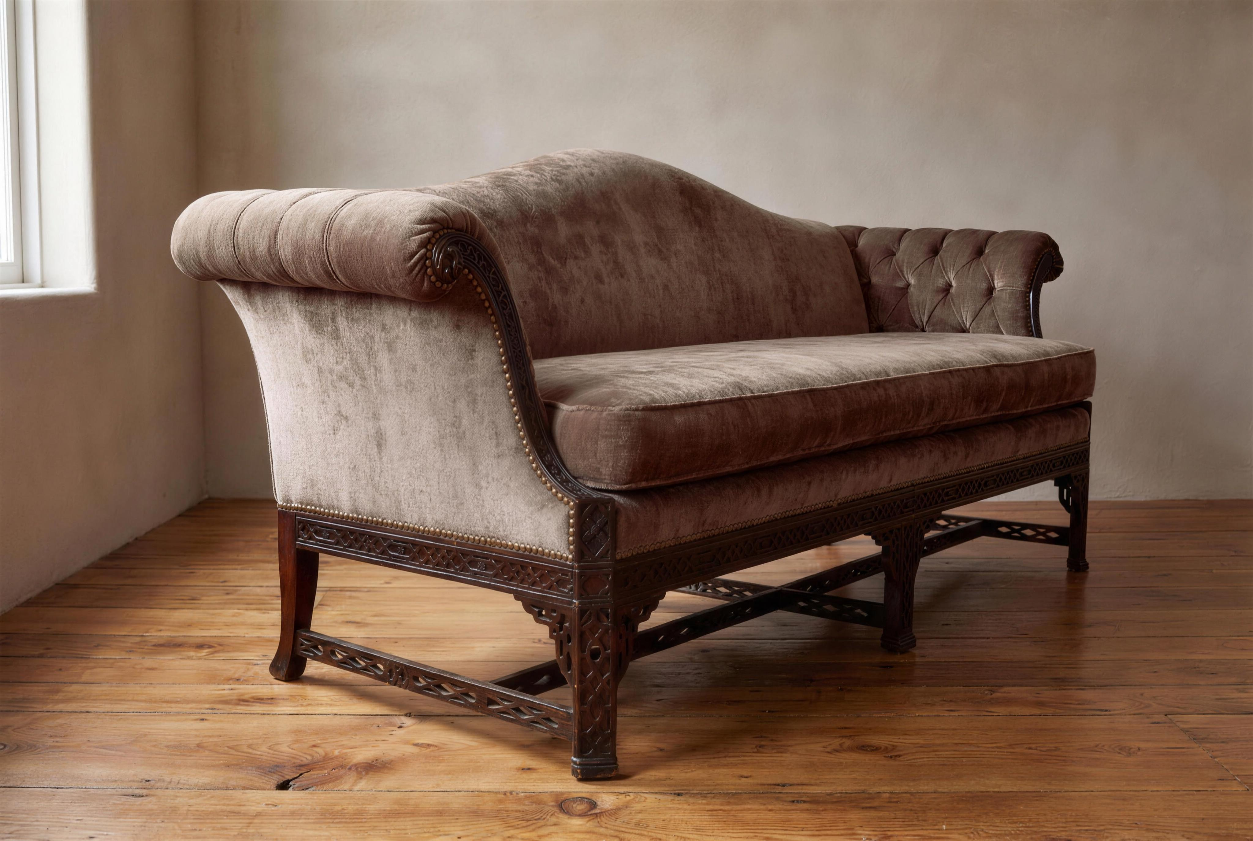 Low angle along the sofa from the high pleated scroll arm