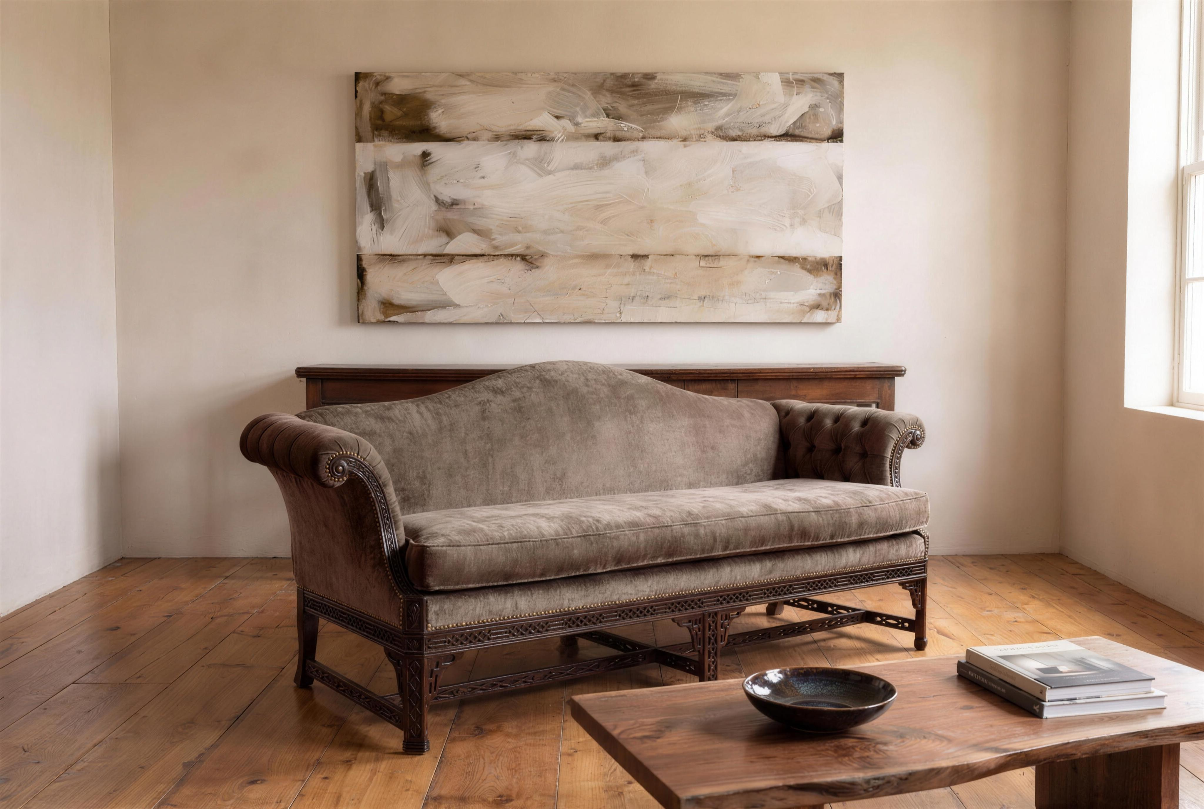 The Dorian taupe velvet camelback sofa floating in a calm limewash living room, antique console behind it, a large bone-and-umber abstract painting above, live-edge walnut coffee table in front