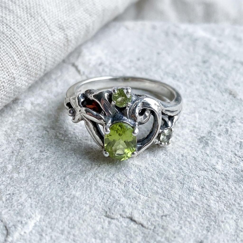 Sterling silver Art Nouveau ring with a large oval peridot and a garnet, laid on pale stone