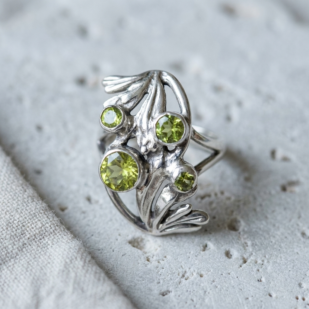 Sterling silver openwork ring set with four round peridots and a silver leaf fan
