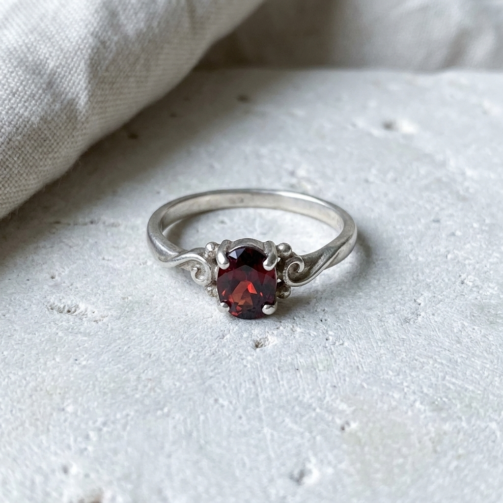 Slim sterling silver ring with a single oval garnet and small scrolled shoulders