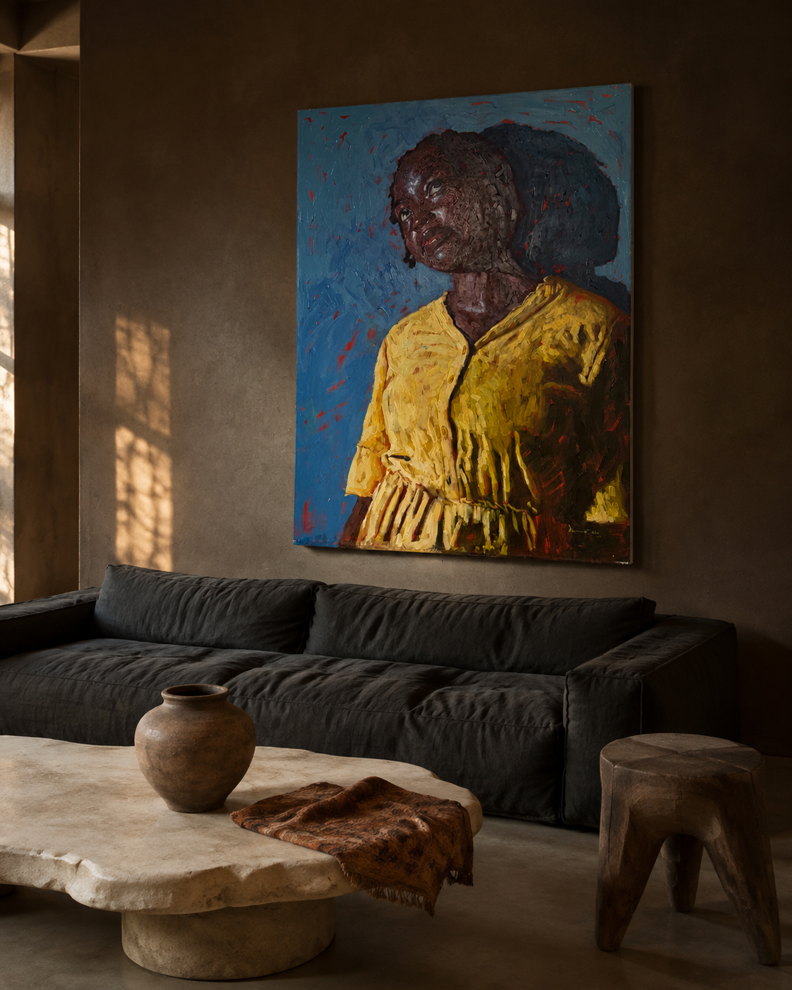 Portrait of a woman in a yellow cardigan hung above a dark linen sofa in a warm plaster room