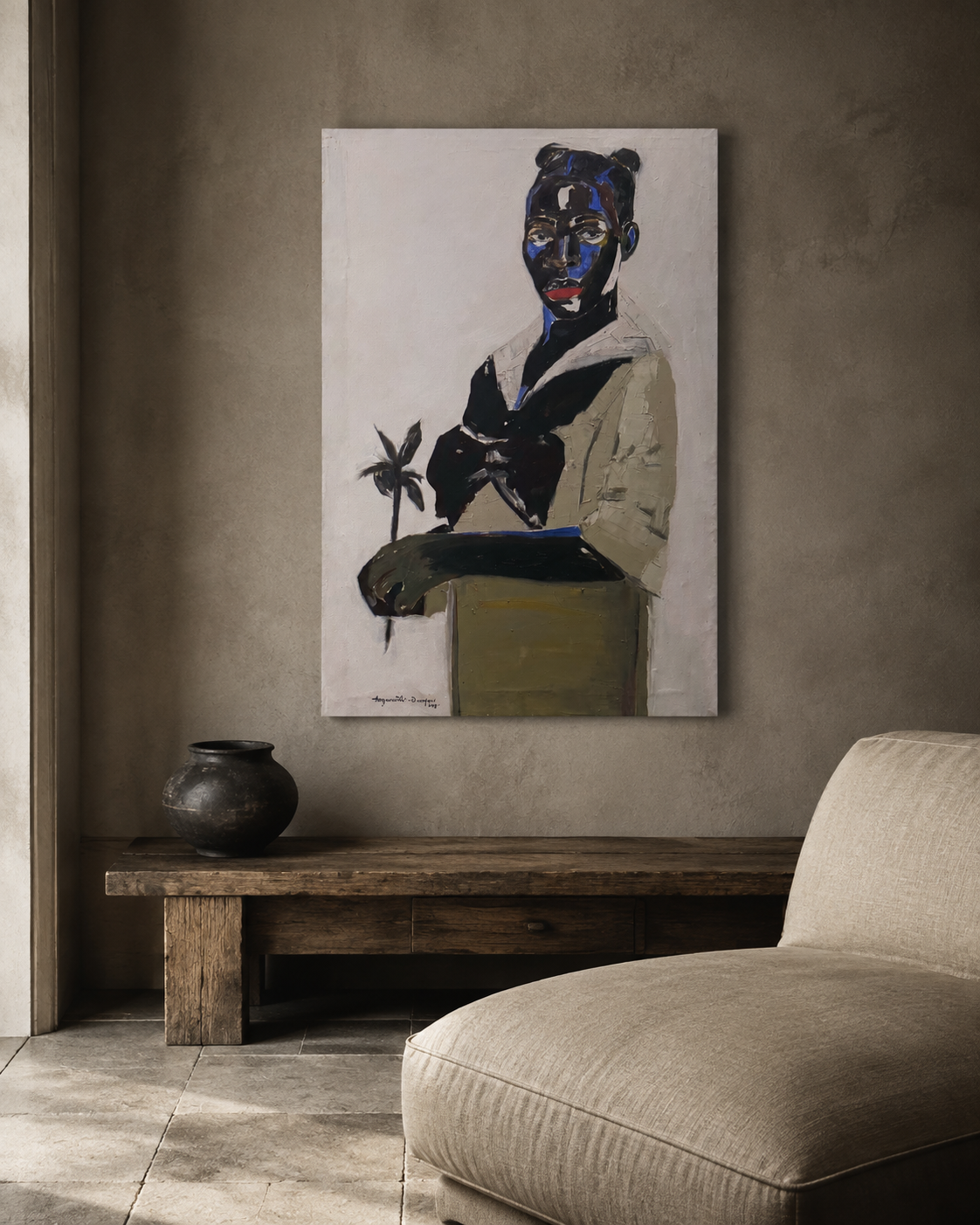 Portrait of a figure holding a flower hung above a weathered bench in a warm plaster room