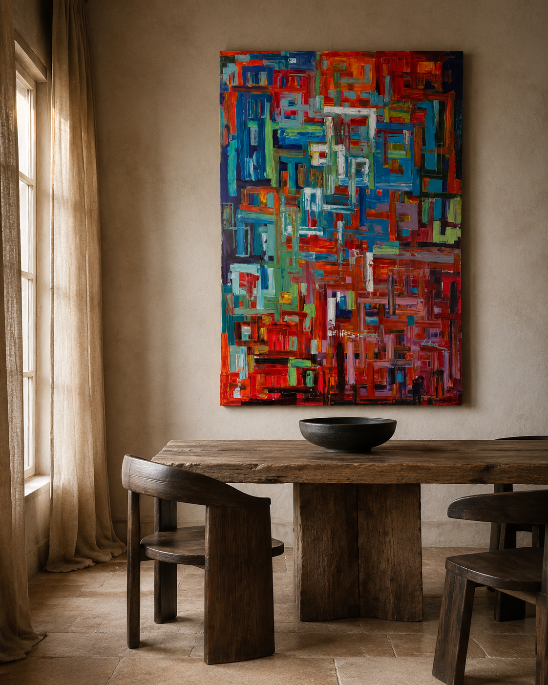 Large red and blue mosaic abstract painting hung above a rustic dining table in a warm plaster room