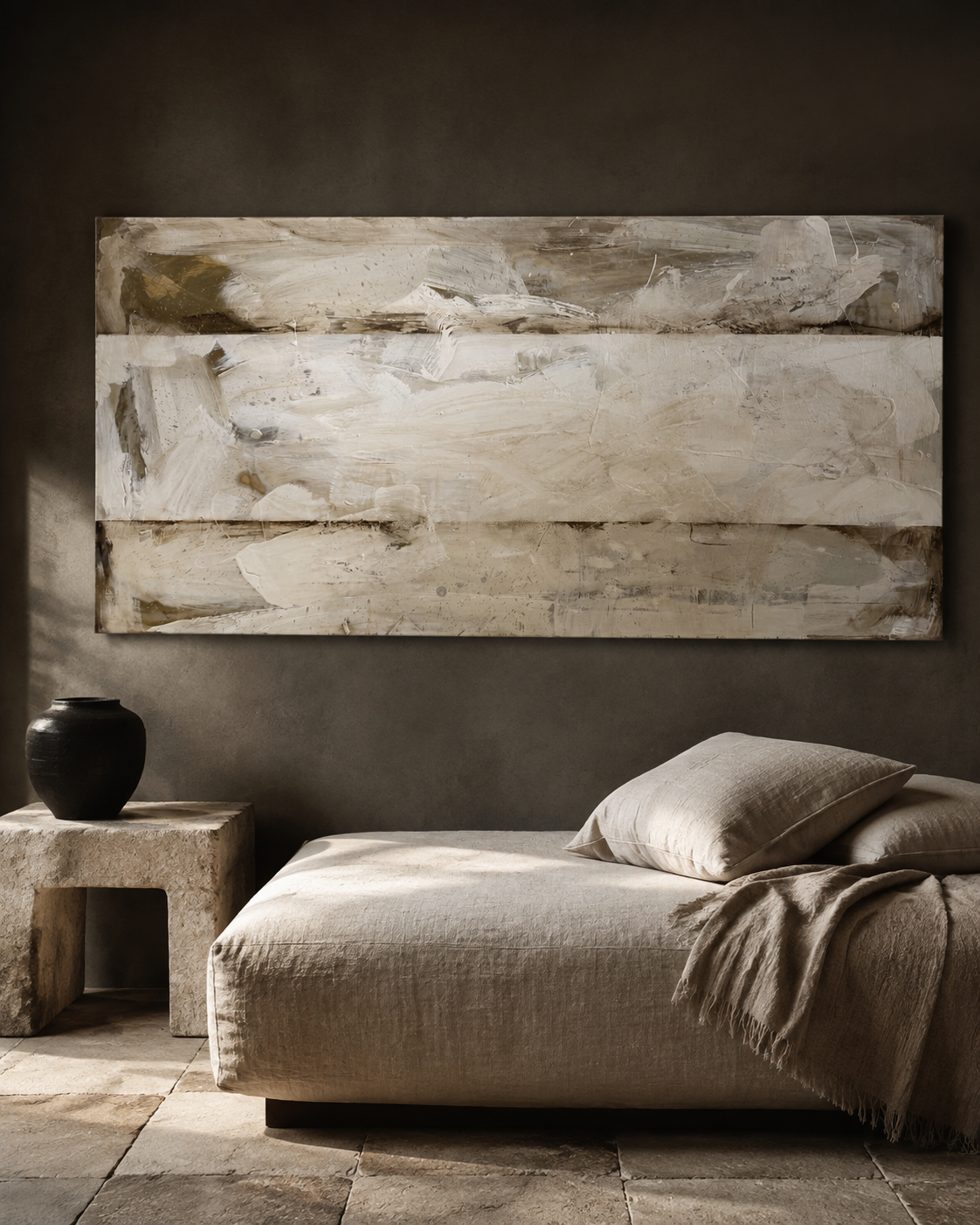 Wide bone and umber textured abstract painting hung above a low linen daybed in a warm plaster room