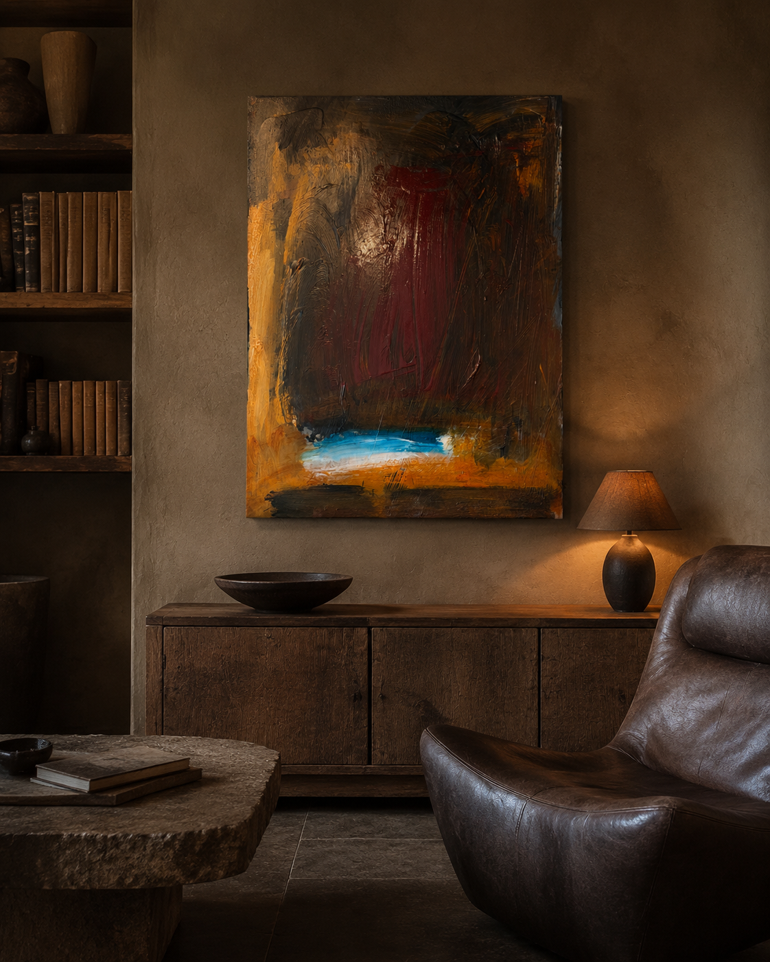 Deep red and ochre abstract painting hung above a reclaimed wood sideboard in a warm plaster room
