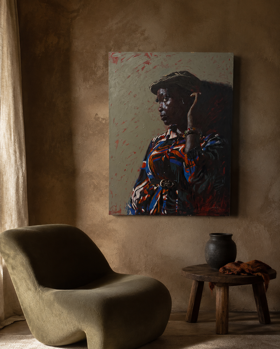 Portrait of a woman in a wide brimmed hat and patterned dress hung in a warm plaster room