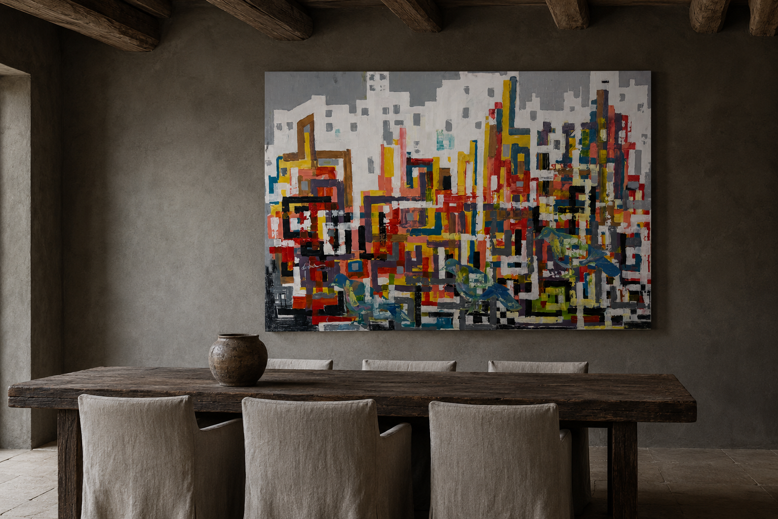 White and red abstract cityscape with blue birds hung above a long dining table in a warm plaster room