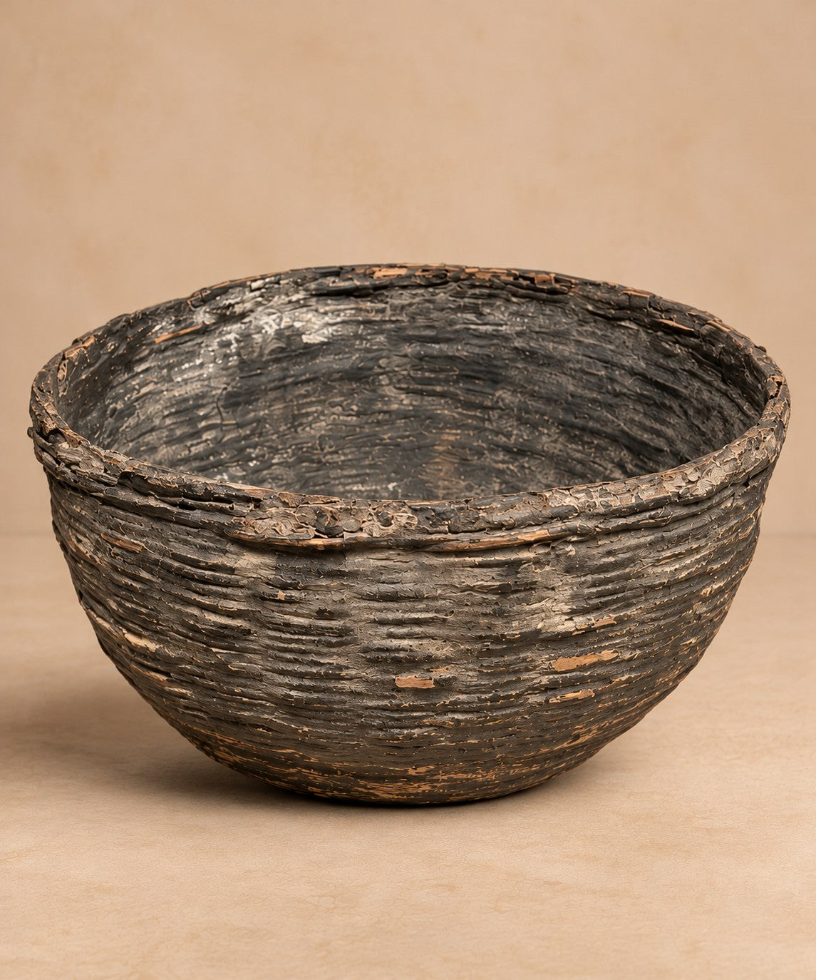 Deep bowl with bark-like ridged texture in charcoal, Organic Erotic