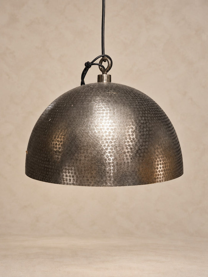 Hand hammered antiqued metal dome pendant light on a black cord, Organic Erotic