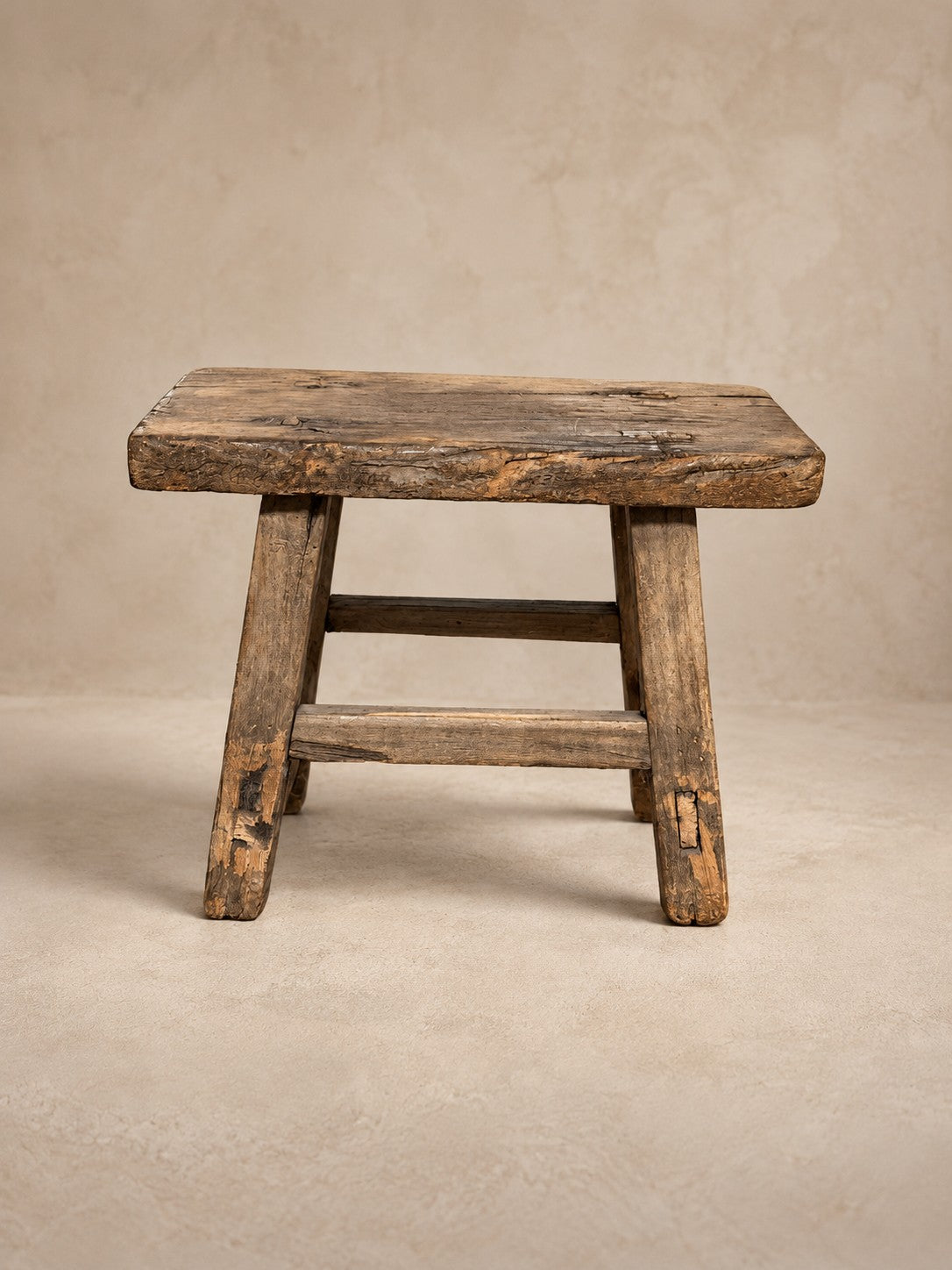 Weathered elm footstool with splayed pegged legs, Organic Erotic