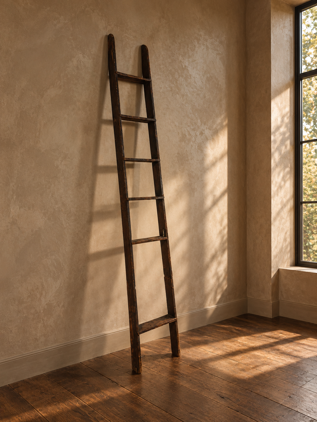 Full view of the tall weathered wood ladder leaning naturally against a plaster wall