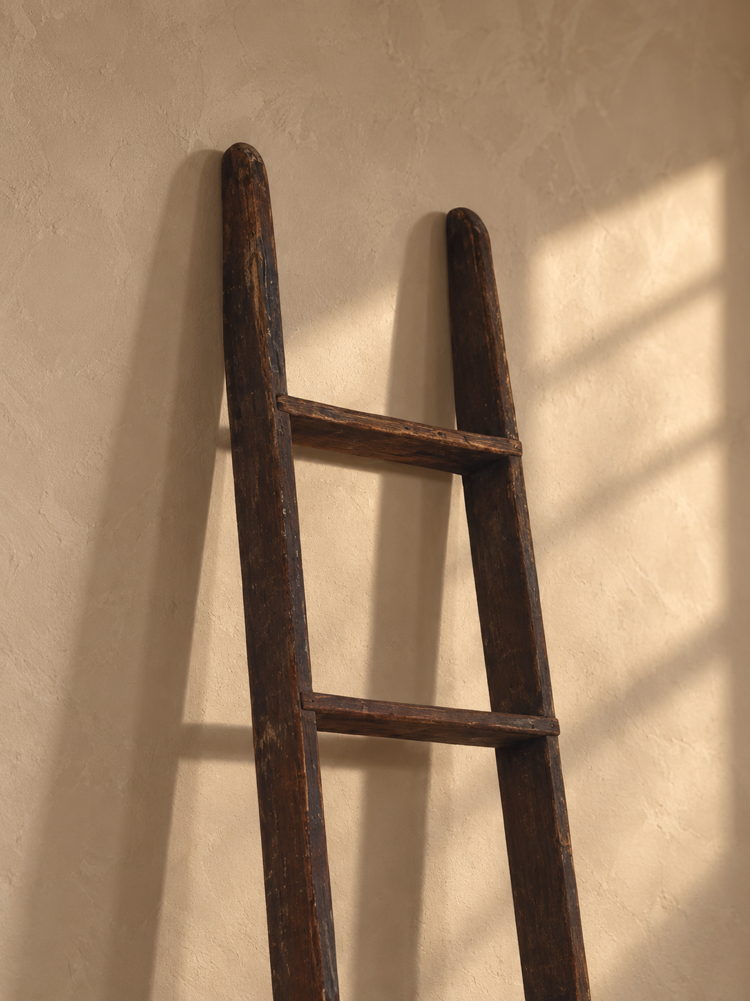 Detail of the ladder's rounded rail tips and upper rungs